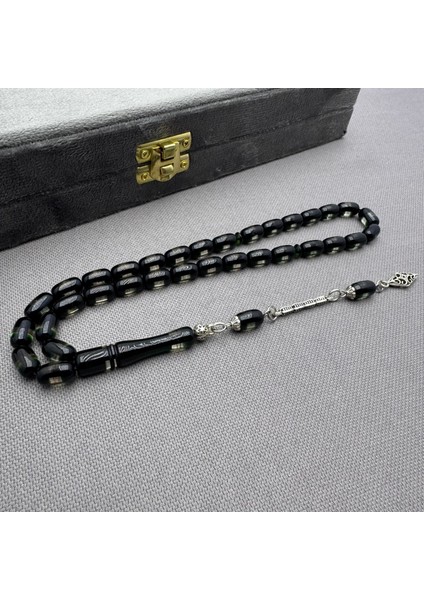 Alpaka Püsküllü Şeffaf Siyah Sürmeli Sıkma Kehribar Tespih