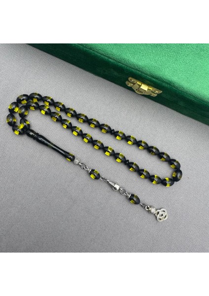 Alpaka Püsküllü Siyah Yeşil Renk Süzmesi Sürmeli Sıkma Kehribar Tespih