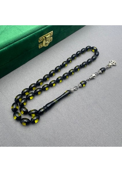 Alpaka Püsküllü Siyah Yeşil Renk Süzmesi Sürmeli Sıkma Kehribar Tespih