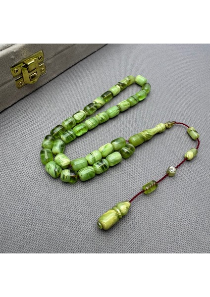 Halil Demirkol Usta Işçilikli Cam Göbeği Yeşili Yoğun Hareli Sıkma Kehribar Tespih