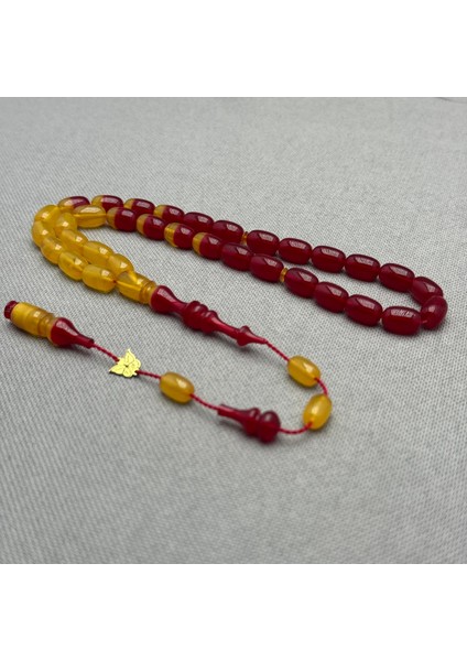 Emine Reşvani Usta Işçilikli Sarı Kırmızı Renk Geçişli Hareli Sıkma Kehribar Tespih