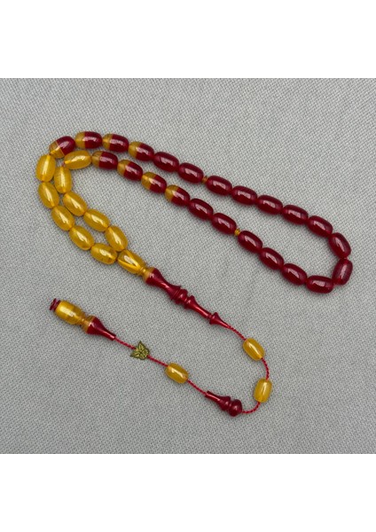 Emine Reşvani Usta Işçilikli Sarı Kırmızı Renk Geçişli Hareli Sıkma Kehribar Tespih fiyatları