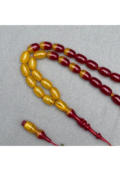 Emine Reşvani Usta Işçilikli Sarı Kırmızı Renk Geçişli Hareli Sıkma Kehribar Tespih modelleri