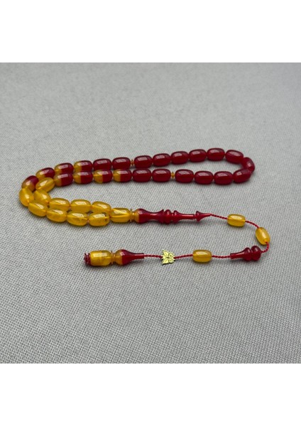 Emine Reşvani Usta Işçilikli Sarı Kırmızı Renk Geçişli Hareli Sıkma Kehribar Tespih indirimleri