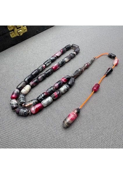 Usta Işçilikli Gri Pembe Mor Yoğun Hare Detaylı Sıkma Kehribar Tespih