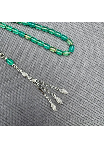 925 Ayar Gümüş Püsküllü Bilek Boy Açık Yeşil Sıkma Kehribar Tespih fiyatları