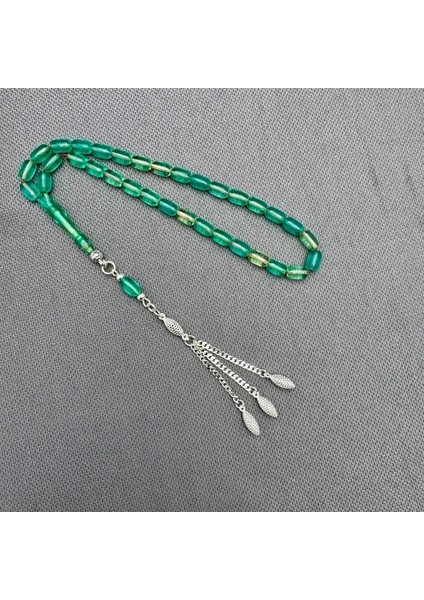 925 Ayar Gümüş Püsküllü Bilek Boy Açık Yeşil Sıkma Kehribar Tespih modelleri