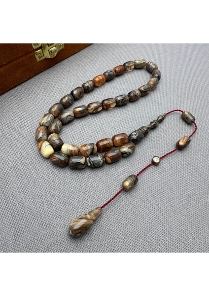 Halil Demirkol Usta Işçilikli Kahverengi Duman Gri Hareli Sıkma Kehribar Tespih