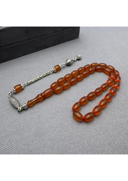 Alpaka Püsküllü Buğulu Hamur Turuncu Sıkma Kehribar Tespih