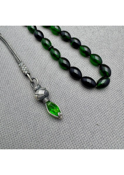 Kazaz Gümüş Püsküllü Yeşil Hareli Sıkma Kehribar Tespih