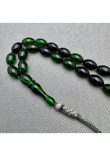 Kazaz Gümüş Püsküllü Yeşil Hareli Sıkma Kehribar Tespih fırsatları