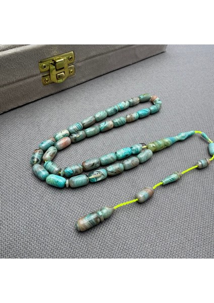 Usta Işçilikli Turkuaz Yeşil Renk Geçişli Yoğun Hareli Sıkma Kehribar Tespih