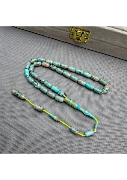 Usta Işçilikli Turkuaz Yeşil Renk Geçişli Yoğun Hareli Sıkma Kehribar Tespih modelleri