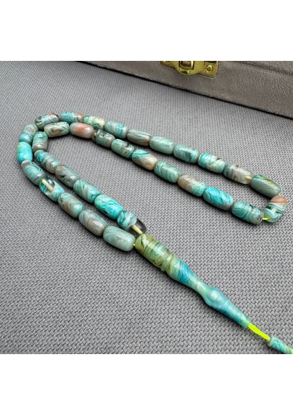 Usta Işçilikli Turkuaz Yeşil Renk Geçişli Yoğun Hareli Sıkma Kehribar Tespih