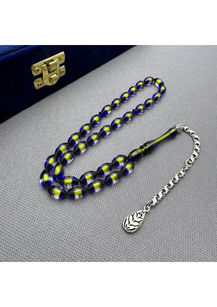 Alpaka Püsküllü Sarı Lacivert Sürmeli Renk Süzmesi Sıkma Kehribar Tespih