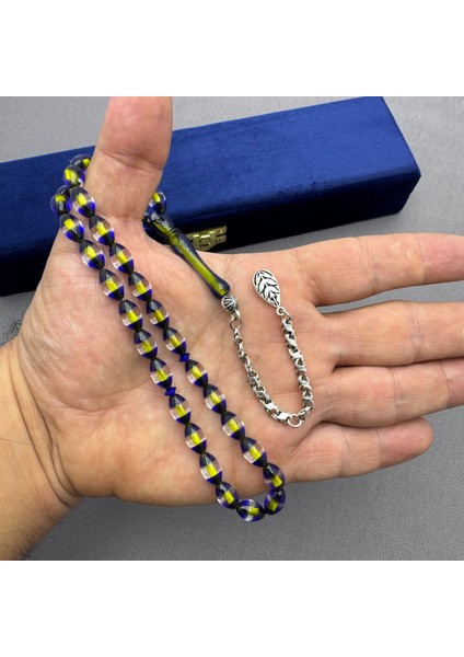 Alpaka Püsküllü Sarı Lacivert Sürmeli Renk Süzmesi Sıkma Kehribar Tespih fiyatları