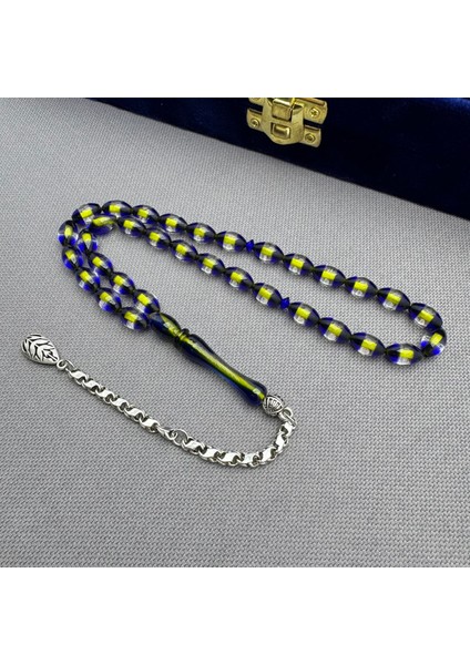 Alpaka Püsküllü Sarı Lacivert Sürmeli Renk Süzmesi Sıkma Kehribar Tespih fırsatları