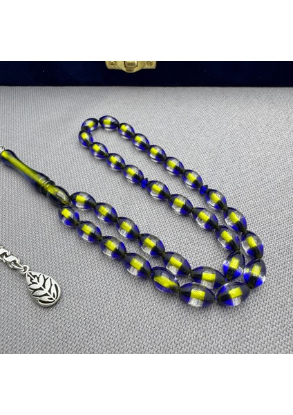 Alpaka Püsküllü Sarı Lacivert Sürmeli Renk Süzmesi Sıkma Kehribar Tespih