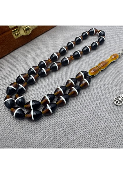 Alpaka Püsküllü Özel Işçilkikli Kahverengi Siyah Sürmeli Sıkma Kehribar Tespih