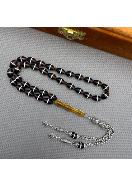 Alpaka Püsküllü Özel Işçilkikli Kahverengi Siyah Sürmeli Sıkma Kehribar Tespih fiyatları