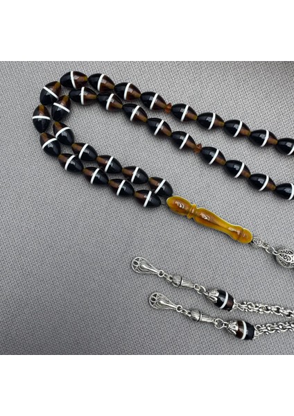 Alpaka Püsküllü Özel Işçilkikli Kahverengi Siyah Sürmeli Sıkma Kehribar Tespih