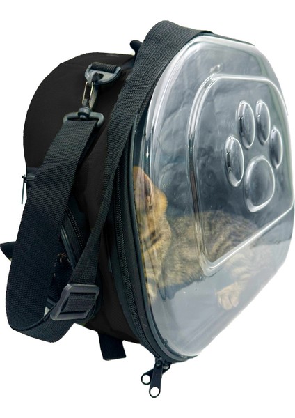 Omuz Askılı Pati Desenli Hava Kanallı Kedi ve Köpek Taşıma Çantası Siyah