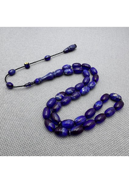 Muhammed Tacir Usta Işçilikli Mavi Hareli Sıkma Kehribar Tespih