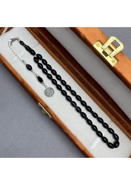 Babalar Günü Özel 925 Ayar Gümüş Püsküllü Siyah Hareli Sıkma Kehribar Tespih