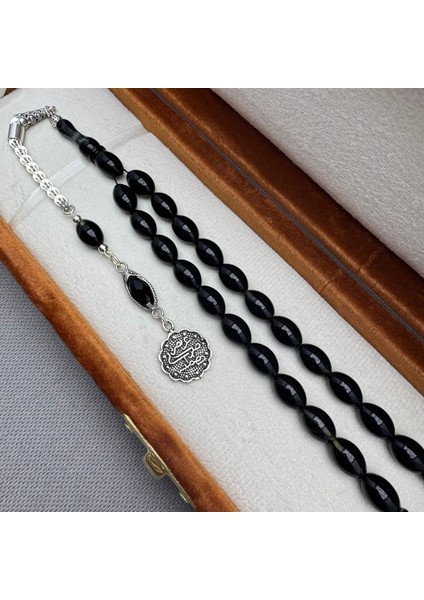 Babalar Günü Özel 925 Ayar Gümüş Püsküllü Siyah Hareli Sıkma Kehribar Tespih modelleri