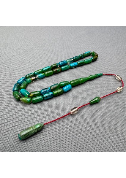 Usta Işçilikli Yeşil ve Turkuaz Renk Yogun Hare Desenli Sıkma Kehribar Tespih