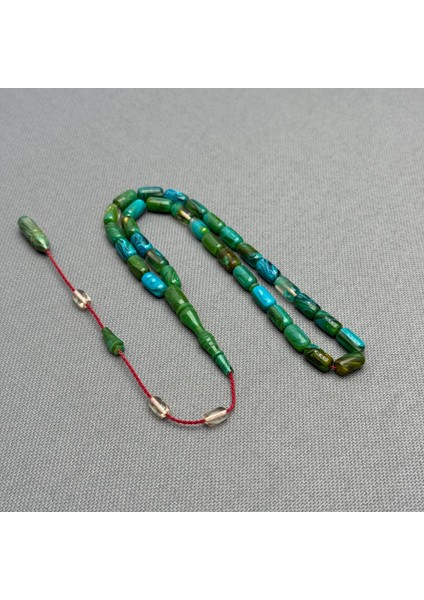 Usta Işçilikli Yeşil ve Turkuaz Renk Yogun Hare Desenli Sıkma Kehribar Tespih indirimleri