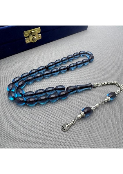 Alpaka Püsküllü Okyanus Mavisi Kapsül Kesim Sıkma Kehribar Tespih