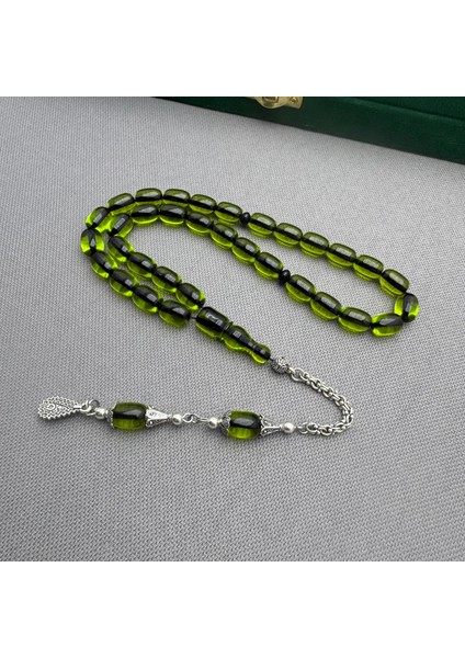 Alpaka Püsküllü Açık Yeşil Sıkma Kehribar Tespih