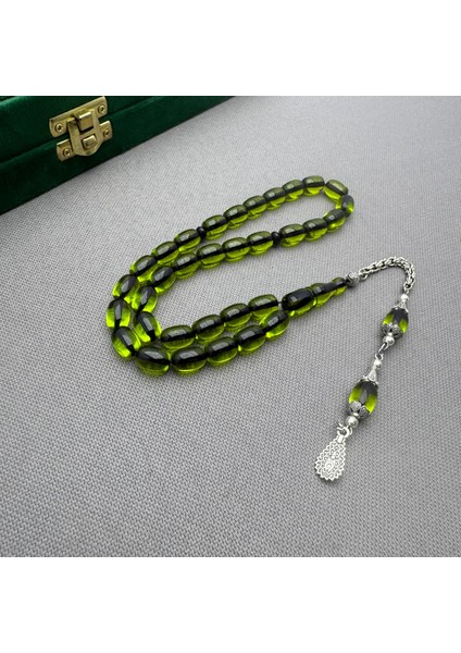 Alpaka Püsküllü Açık Yeşil Sıkma Kehribar Tespih modelleri