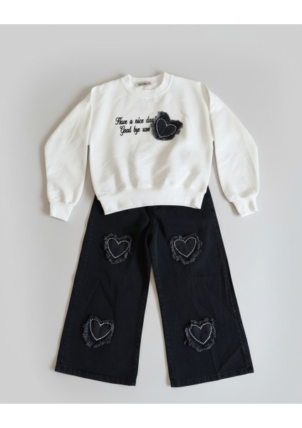 Kalp Nakışlı ve Püskül Detaylı Beyaz Sweatshirt Siyah Palazzo Jean Kız Çocuk Takımı modelleri