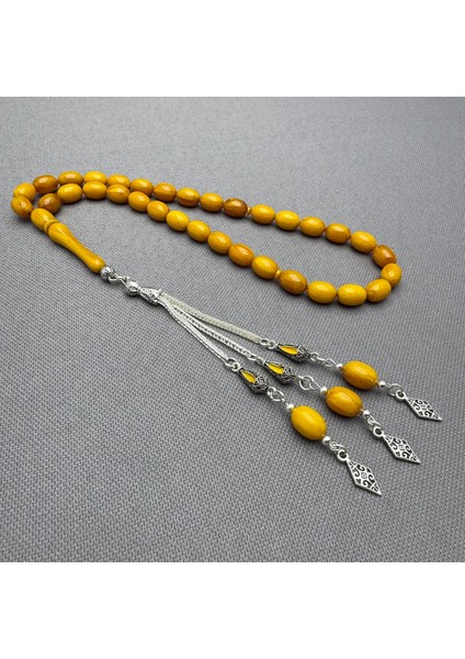 Özel Alpaka Dizayn Püsküllü Sarı Renk Dikey Yoğun Hareli Sıkma Kehribar Tespih