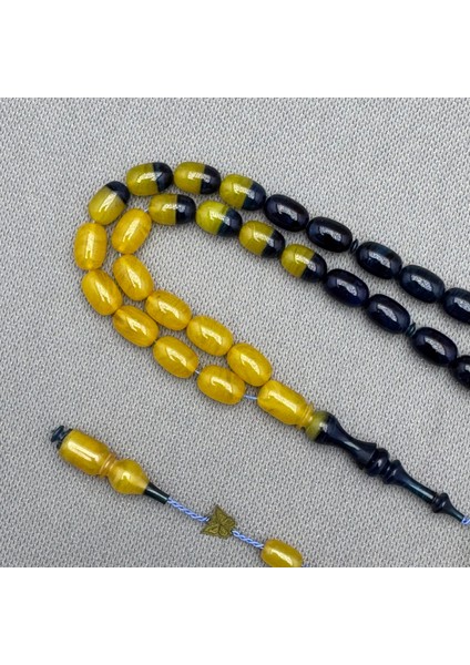 Emine Reşvani Usta Işçilikli Sarı Lacivert Renk Geçişli Hareli Sıkma Kehribar Tespih