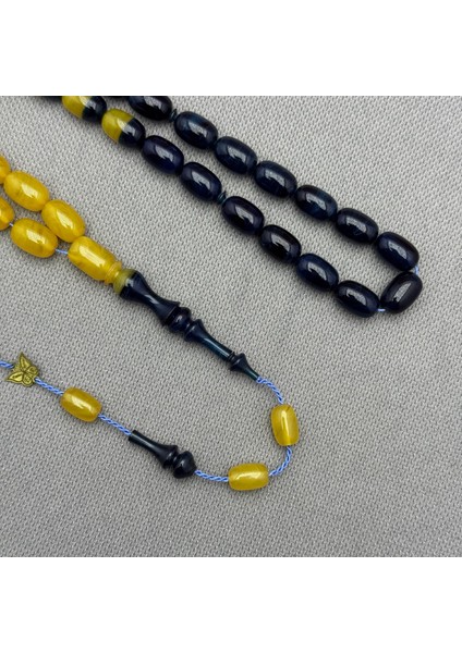 Emine Reşvani Usta Işçilikli Sarı Lacivert Renk Geçişli Hareli Sıkma Kehribar Tespih fiyatları