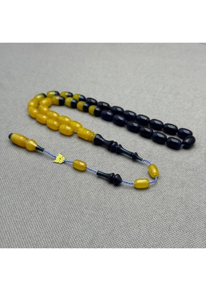 Emine Reşvani Usta Işçilikli Sarı Lacivert Renk Geçişli Hareli Sıkma Kehribar Tespih fırsatları