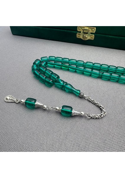 Alpaka Püsküllü Zümrüt Yeşil Sıkma Kehribar Tespih