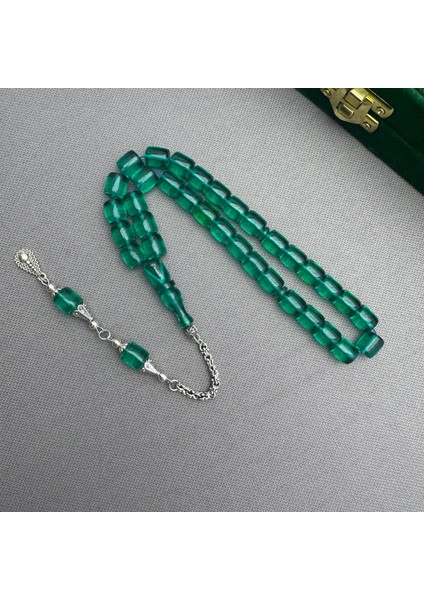 Alpaka Püsküllü Zümrüt Yeşil Sıkma Kehribar Tespih indirimleri