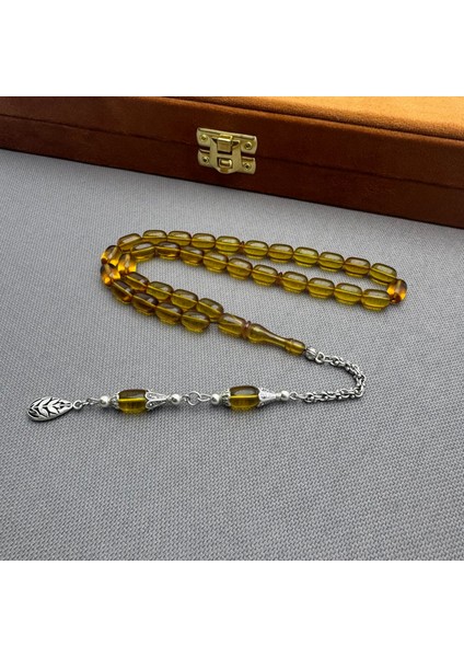 Alpaka Püsküllü Bal Rengi Özel Döküm Kapsül Kesim Sıkma Kehribar Tespih