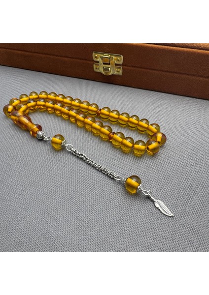 Alpaka Püsküllü Sarı Bilek Boy Sıkma Kehribar Tespih