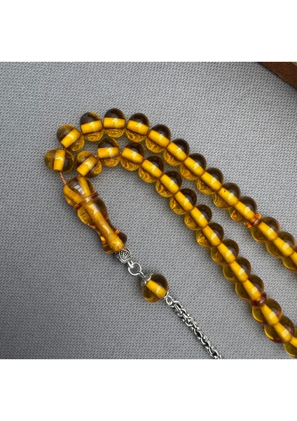 Alpaka Püsküllü Sarı Bilek Boy Sıkma Kehribar Tespih