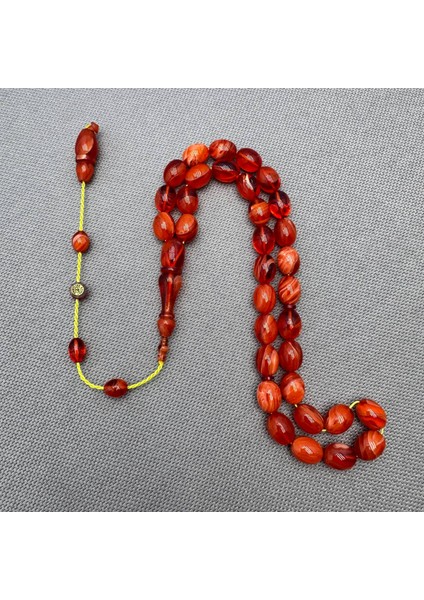 Ahmet Eryılmaz Usta Işçilikli Mercan Renkli Yoğun Hareli Sıkma Kehribar Tespih