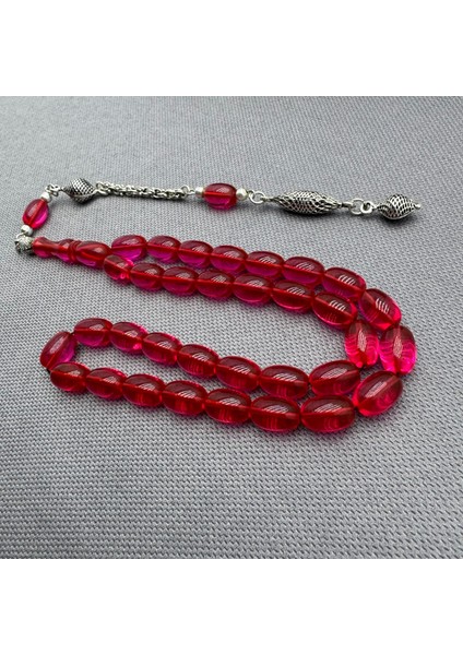 Alpaka Püsküllü Pembe Sıkma Kehribar Tespih