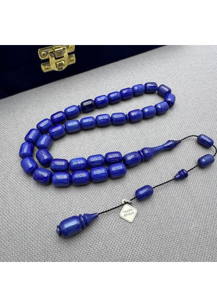 Faaris Beydun Usta Işçilikli Saks Mavisi Hareli Sıkma Kehribar Tespih