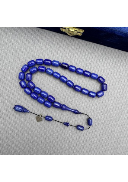 Faaris Beydun Usta Işçilikli Saks Mavisi Hareli Sıkma Kehribar Tespih modelleri