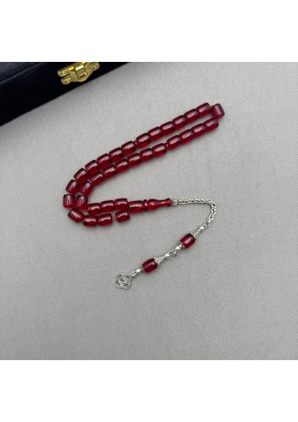 Alpaka Püsküllü Koyu Kırmızı Kapsül Kesim Sıkma Kehribar Tespih modelleri