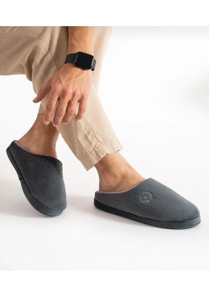 Nakışlı Fitilli Desen Rahat Yumuşak Sessiz Tabanlı Içi Kürklü Erkek Ev Terlik